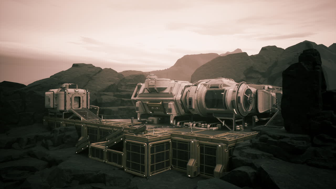 미래의 우주선이 바위 행성 위에 앉아 있습니다. 아마도 포스트나 광산 스테이션일지도 모릅니다.