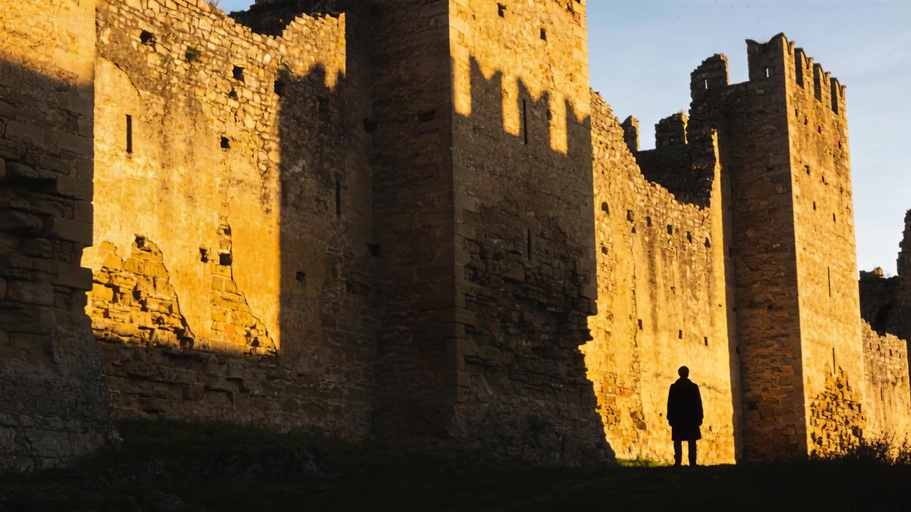 Figura in piedi con cappotto scuro nel cortile del castello mentre l'alba illumina il muro, lunghe ombre, spazio per il testo