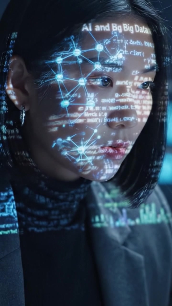 Um Indivíduo Focado Imerso no Mundo da Análise de Dados, com o Rosto Iluminado por Projeções de Algoritmos Complexos e Informações Digitais, Representando a Interseção de IA e Big Data