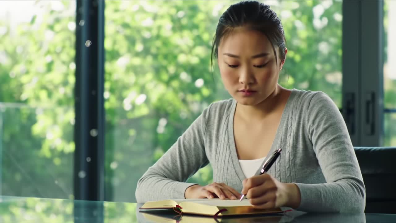 Focused Young Woman Writing in a Notebook with a Serene Green Nature Background, Reflecting Concentration and Creativity in a Bright Indoor Setting