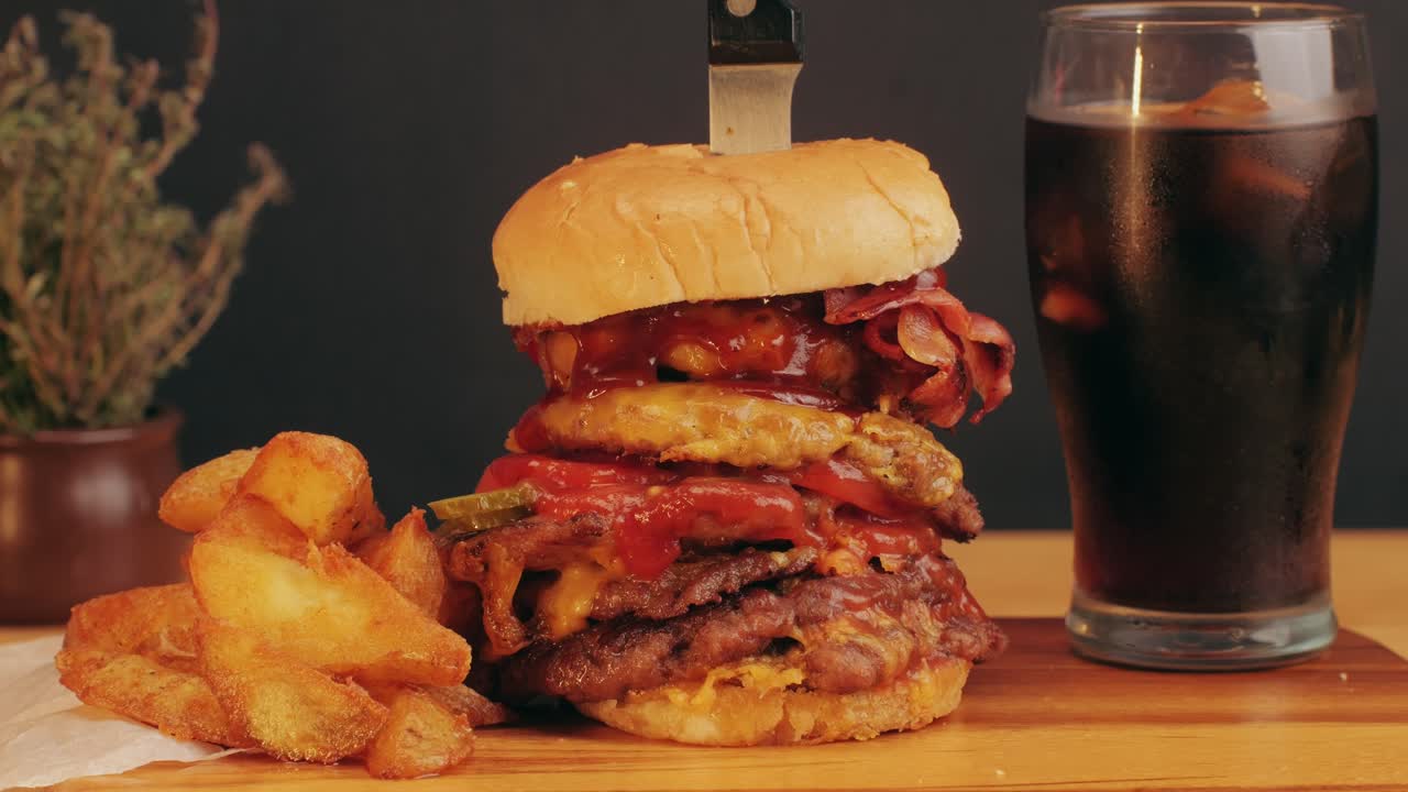 American fat smash burger with bacon slices and cheese on grill and grilled potato slices, with fresh ice cola close-up . Beef or pork cutlet smashing by burger press.