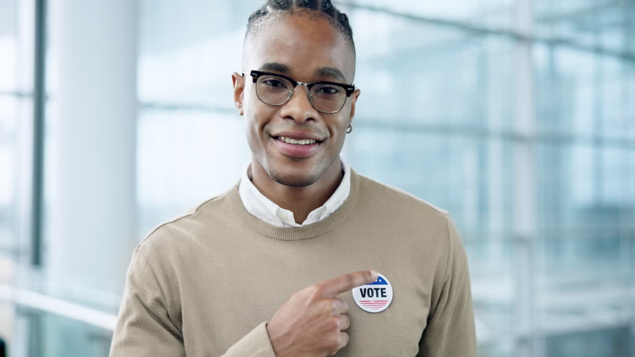 Face, vote and a black man pointing to a badge