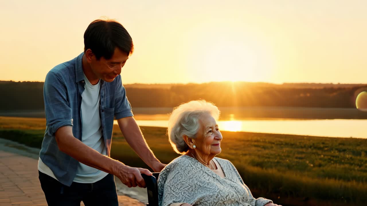 hombre ayudando a una anciana en silla de ruedas al atardecer