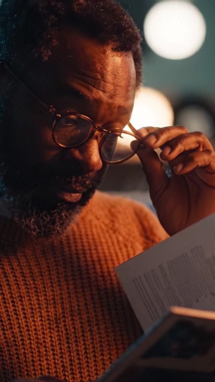 A Thoughtful Man Engaged in Reading, Immersed in Literature and Reflection, Surrounded by Warm Ambient Lighting and an Intimate Atmosphere of Knowledge