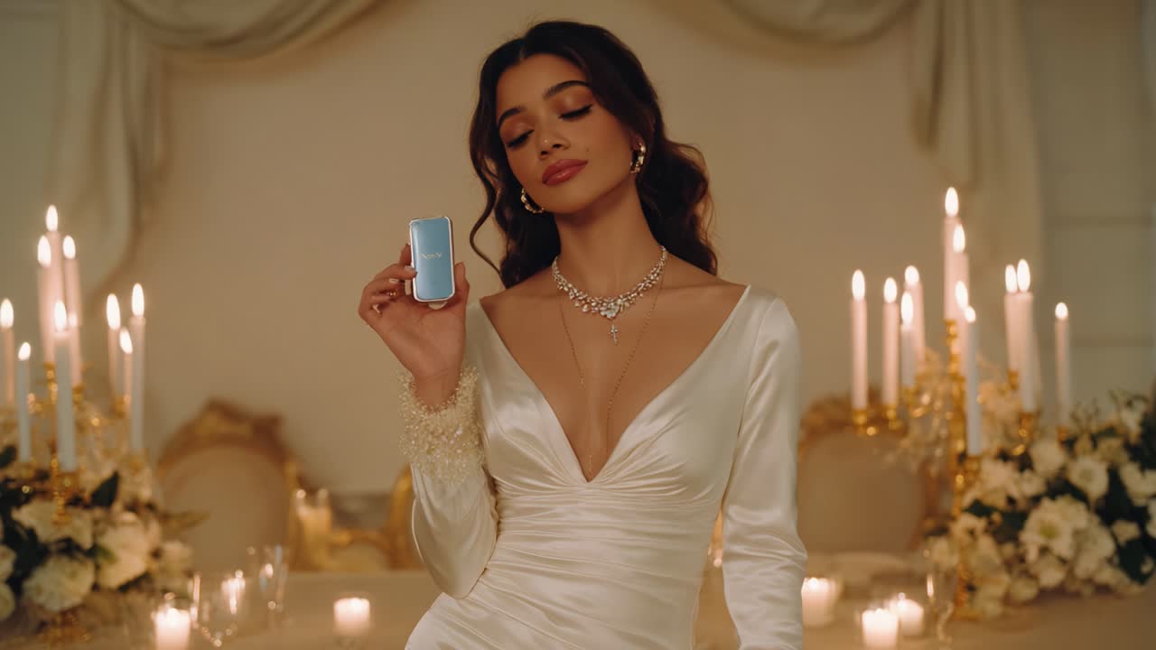 Modella elegante che tiene in mano un prodotto lussuoso in un ambiente riccamente decorato, circondata da candele e fiori, che emana fascino e raffinatezza