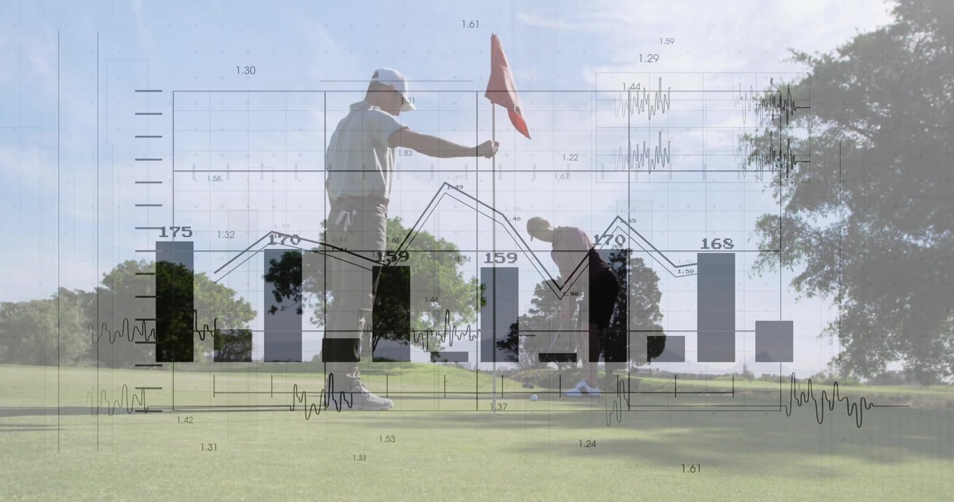 Due golfisti che si fermano sul green e avviano grafici animati per l'analisi tecnologica.