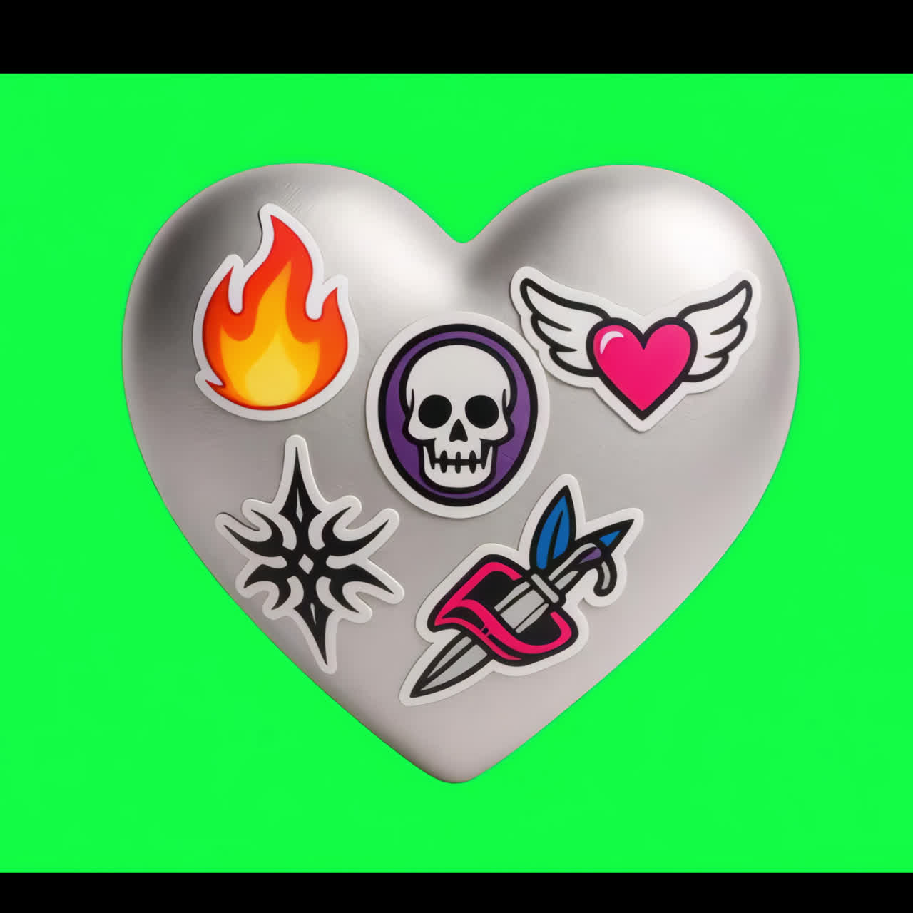 Stylish heart with edgy stickers animation isolated asset, transparent 4K video, alpha channel