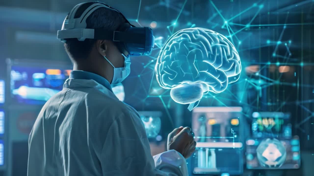Scientist in VR headset interacting with a holographic brain