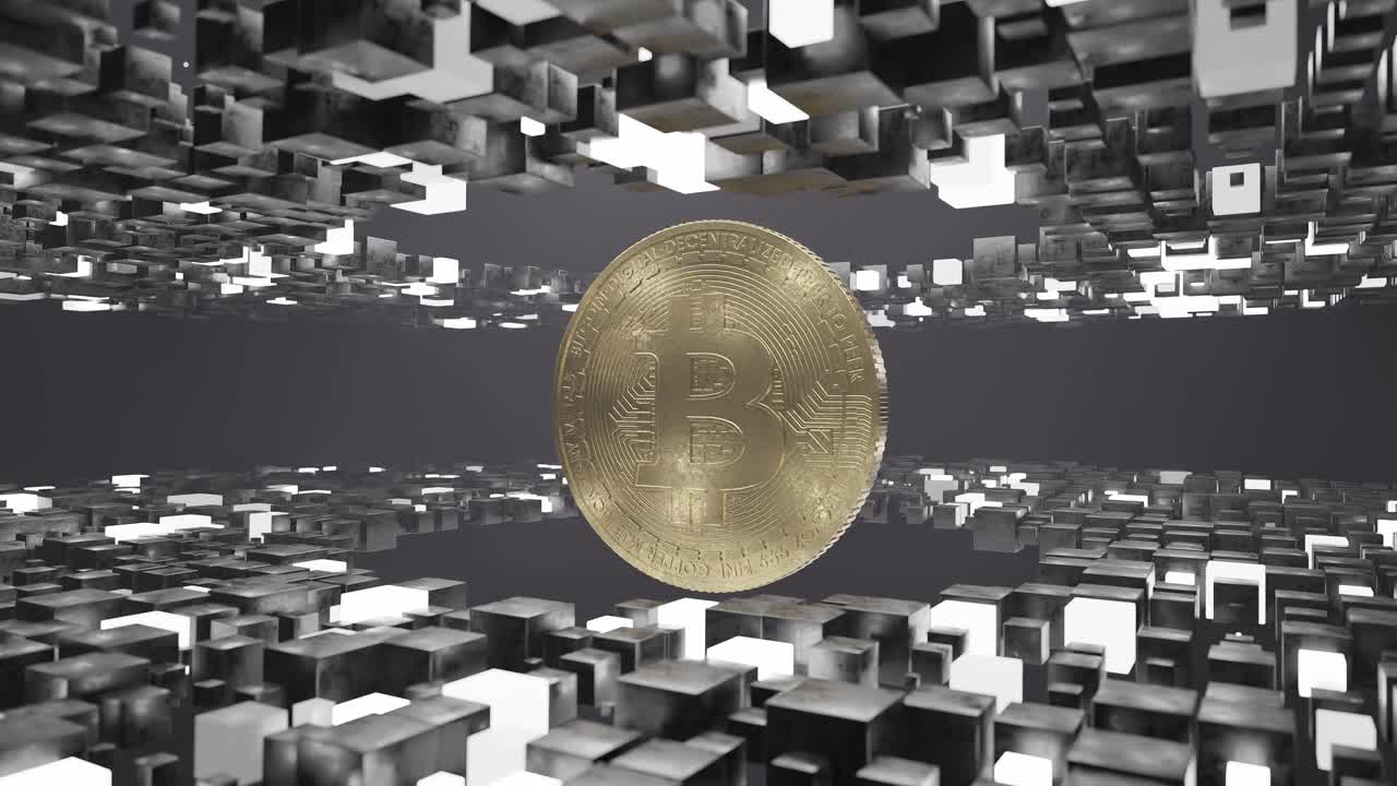 Bitcoin coin floating inside abstract tunnel of black and white cubic blocks. 3D digital cryptocurrency symbol. Blockchain and virtual currency concept.
