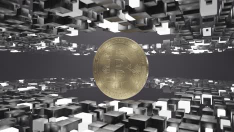 bitcoin coin floating inside abstract tunnel of black and white cubic blocks. 3d digital cryptocurrency symbol. blockchain and virtual currency concept.