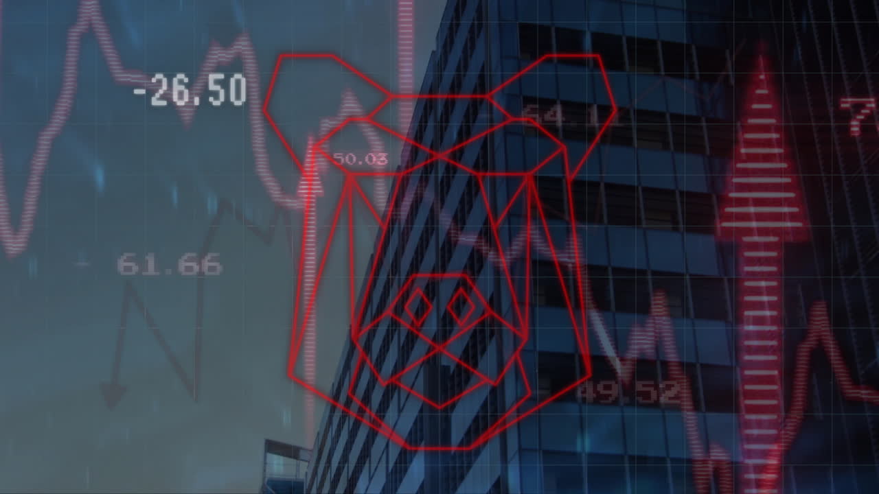 초고층 건물 배경으로 금융 데이터를 통해  시장을 활성화합니다.