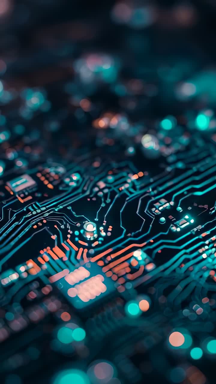 Vertical video: Shifting focus plane across PCB on bench, revealing IC, traces and solder pads