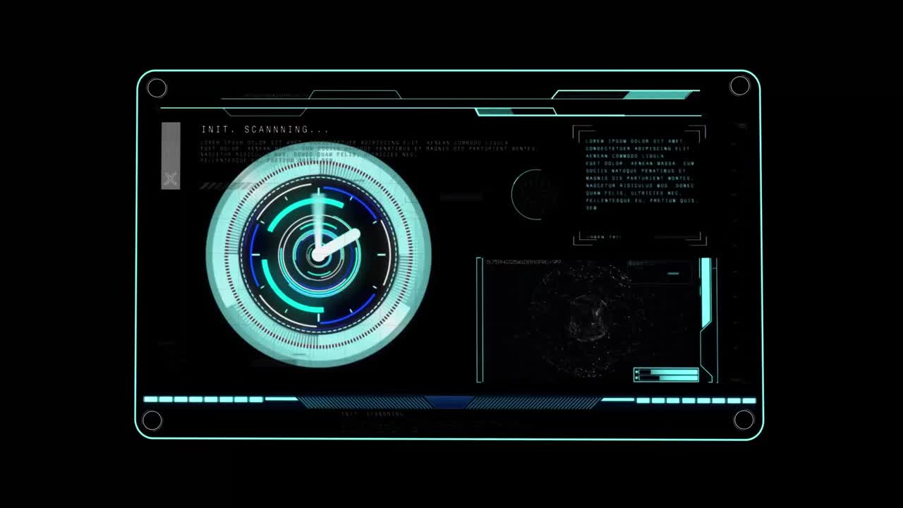 анимация сканирования объекта с цифровым интерфейсом часов на черном фоне