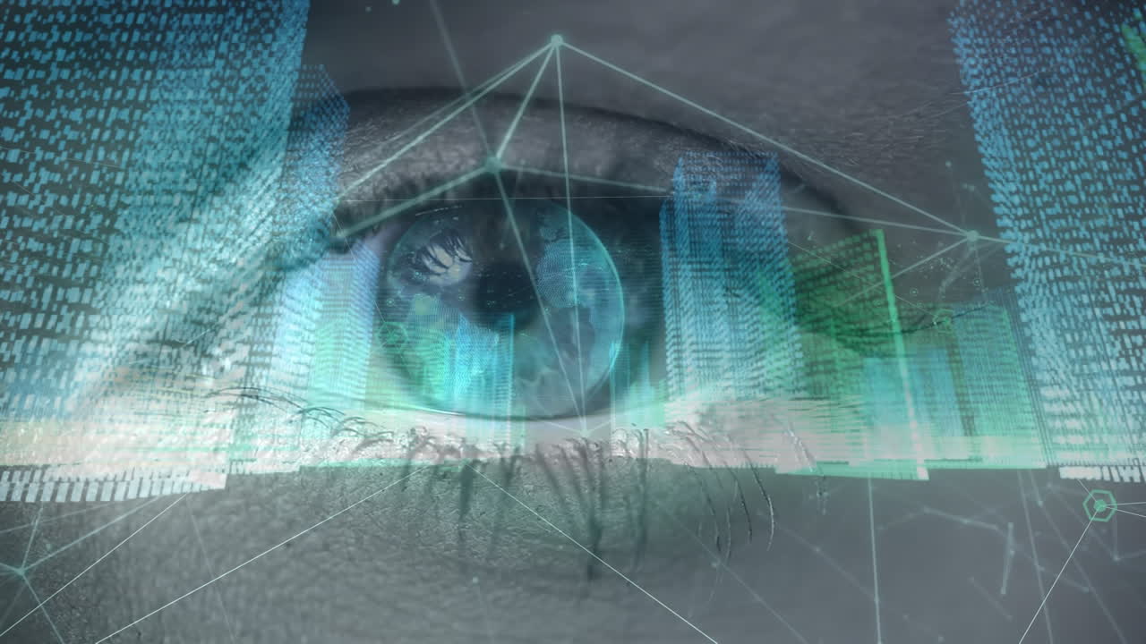 animazione dell'elaborazione dei dati e codifica binaria sull'occhio blu