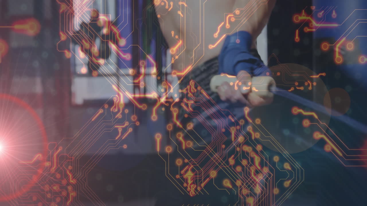 Animation of digital circuit pattern with person using smartphone in modern setting