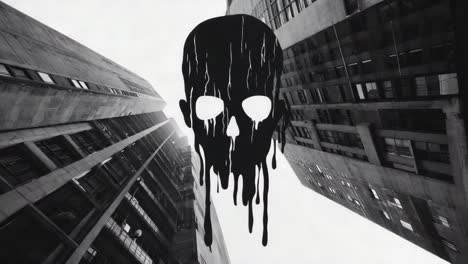 dripping skull silhouette in a brutalist cityscape