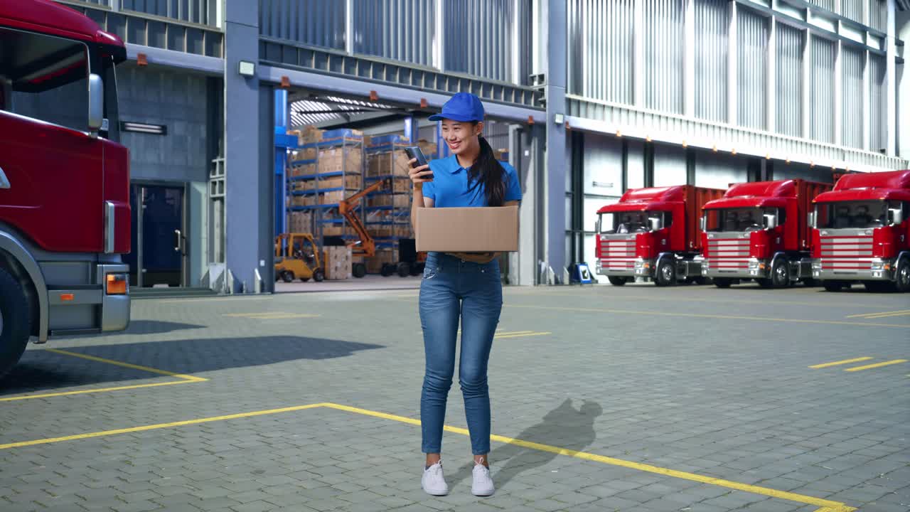 Corriere asiatica in uniforme blu a figura intera che utilizza lo smartphone mentre consegna un cartone, fuori dal magazzino