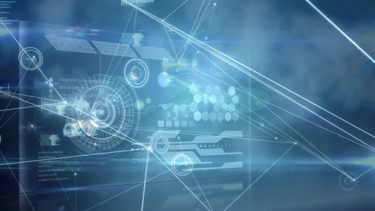 파란색 배경에 연결 네트워크와 데이터 처리의 애니메이션