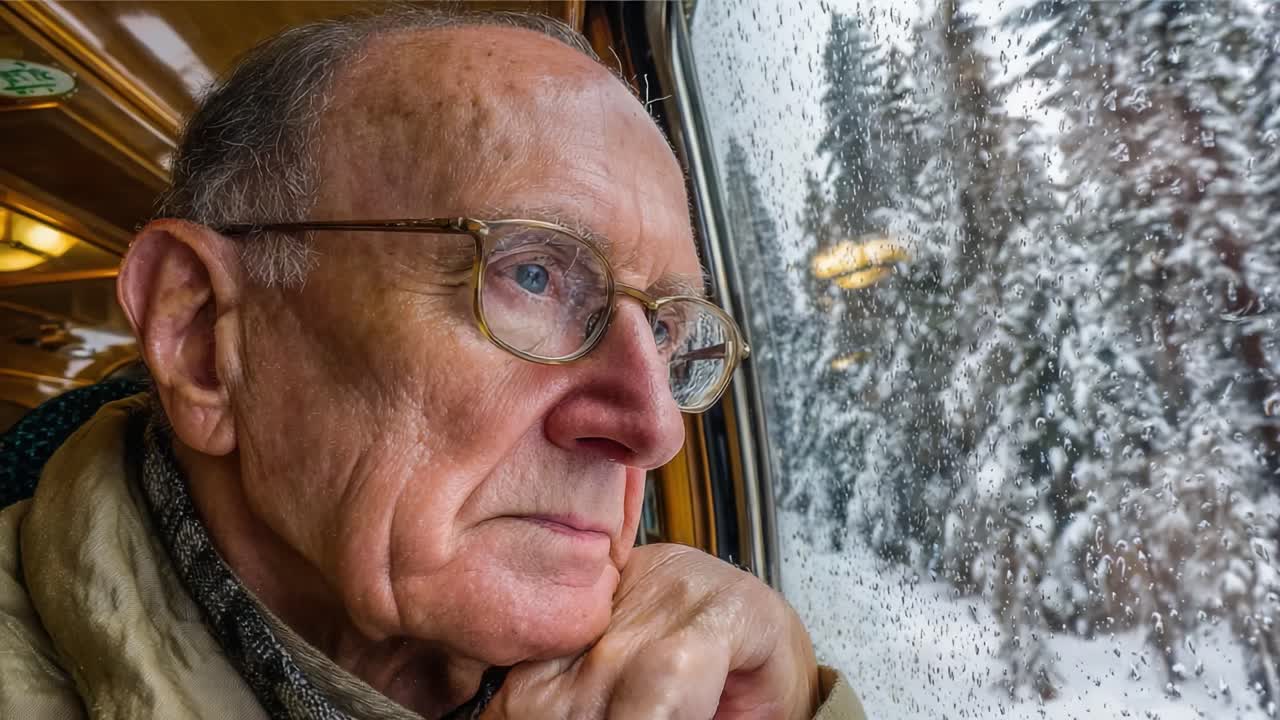 Un anziano pensieroso guarda fuori dal finestrino di un treno, perso nei suoi pensieri mentre osserva la splendida nevicata e il sereno paesaggio invernale alberato.
