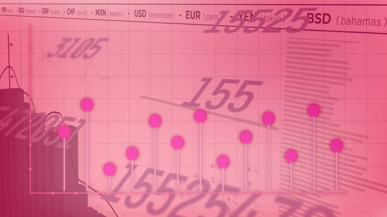 Animazione di numeri che cambiano, elaborazione di dati statistici e di borsa su sfondo rosa.