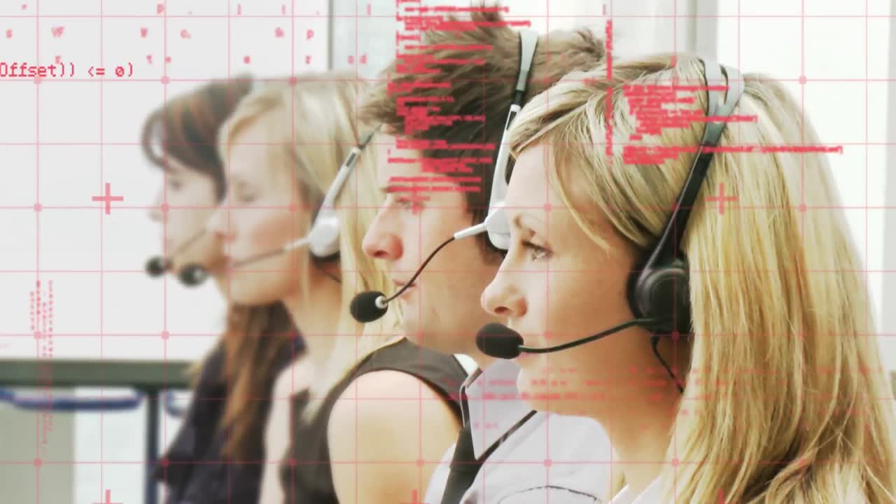 휴대폰 헤드 ⁇ 을 착용한 사람들 위에서 금융 데이터 처리의 애니메이션