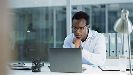 Thinking,-laptop-and-businessman-working