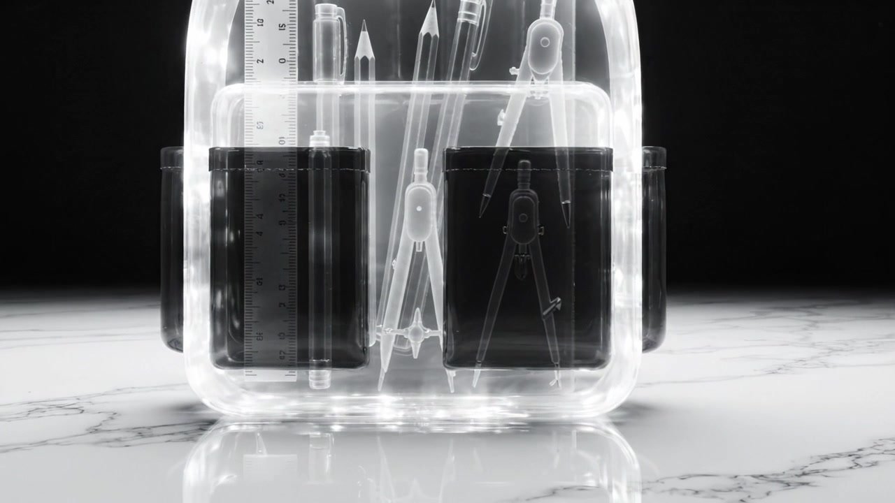 Transparent ryggsäck som visar kontorsmaterial på en marmoryta med glödande effekter för ett modernt och stilrent estetiskt tilltal