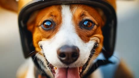 a dog wearing a helmet with its tongue out