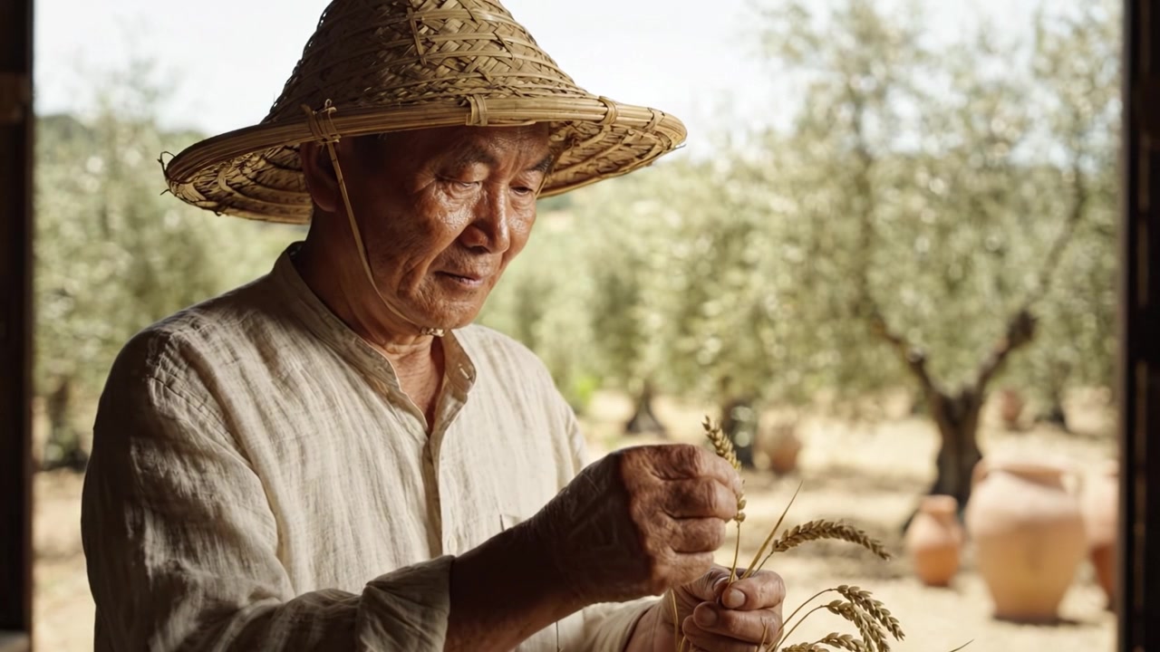 Anziano contadino che osserva il grano raccolto in un uliveto, mostrando pratiche agricole tradizionali e l'armonia tra natura e artigianato umano