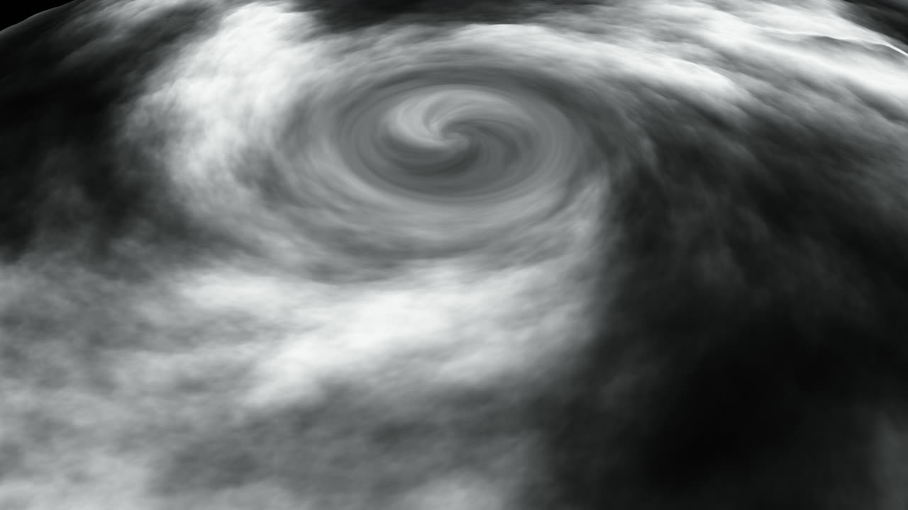 Tampilan Satelit Mata badai Tornado Berputar dalam langit Berawan di atas permukaan Bumi