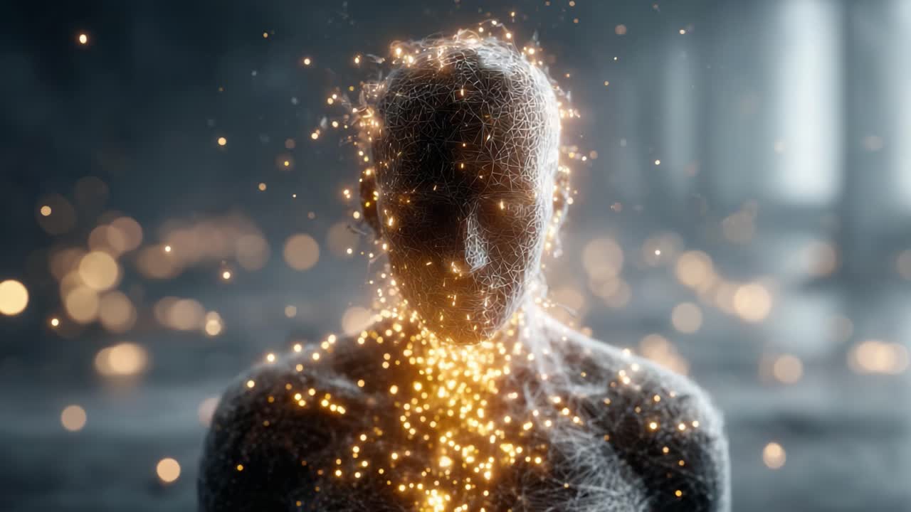 A captivating digital transformation of a figure composed of swirling particles and glowing lights, showcasing ethereal beauty and the fusion of technology and art