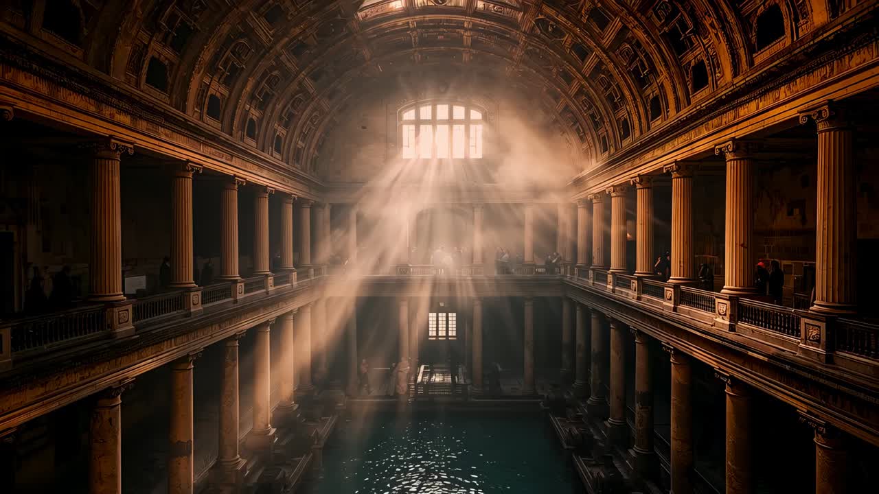 Streaming sunlight pouring from arched window into pool hall, lighting pool and visitors' coats