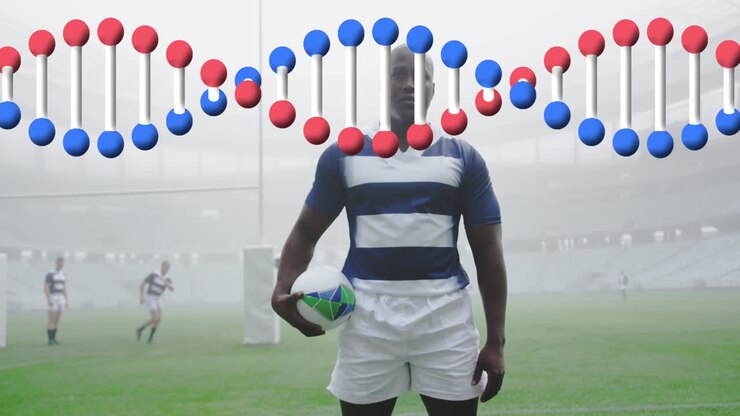 Animazione di un filamento di DNA su giocatori di rugby maschi allo stadio