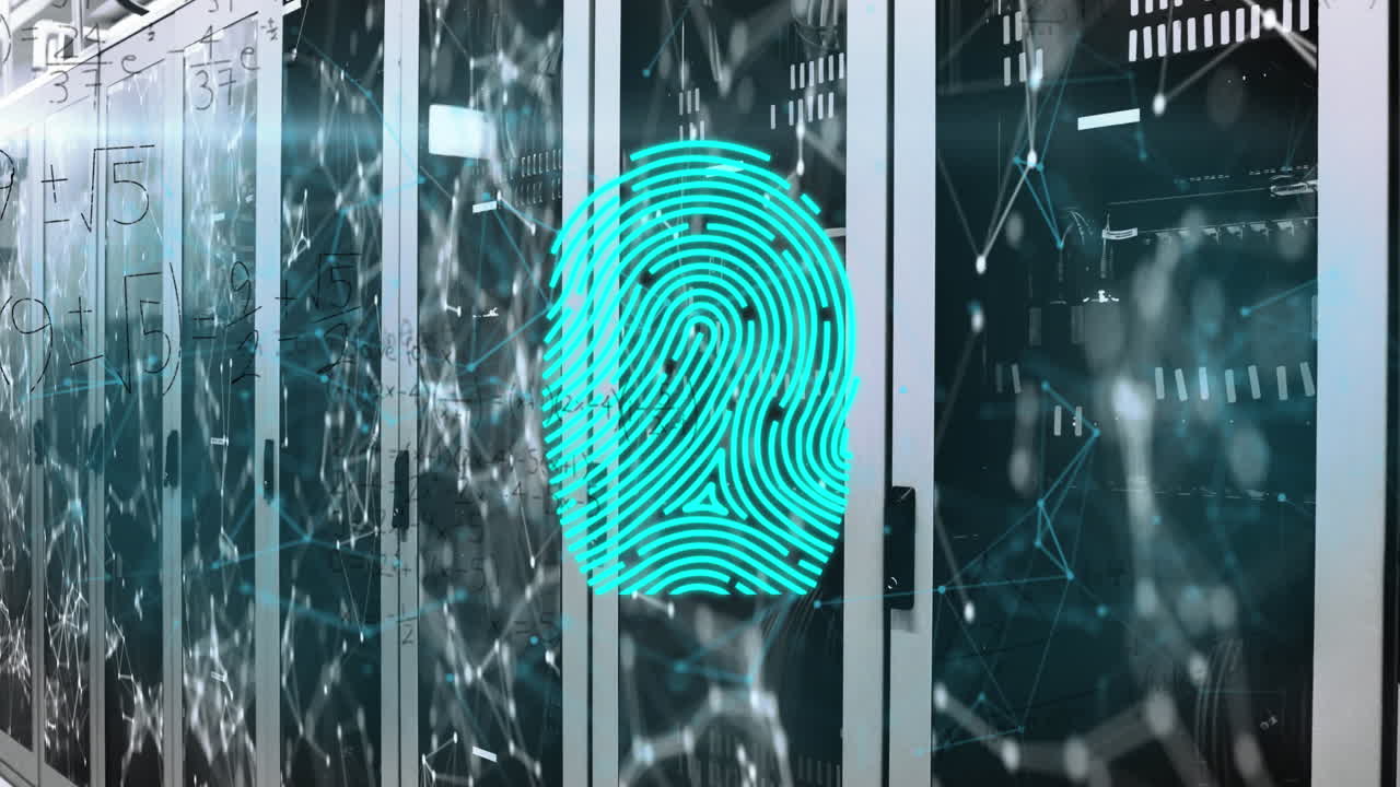 animación del escáner biométrico de huellas dactilares y la red de conexiones contra la sala de servidores de computadoras