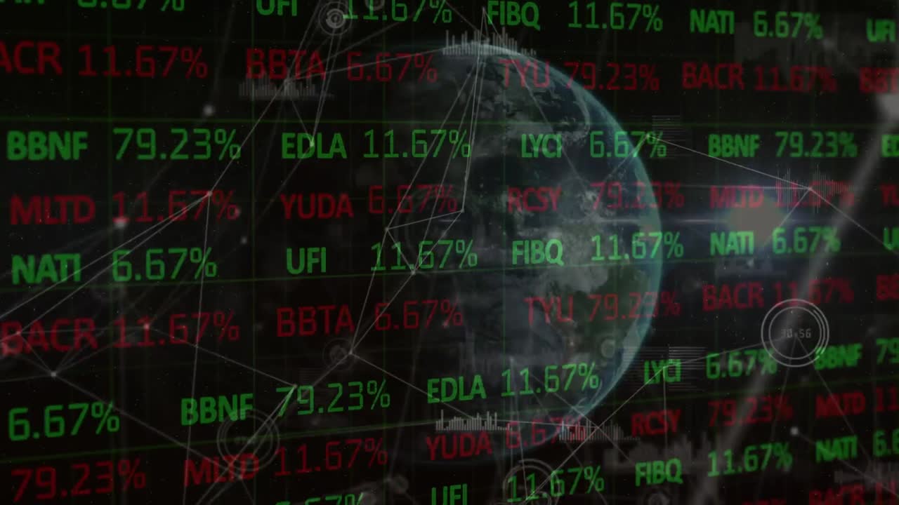 animación del globo y procesamiento de datos financieros sobre fondo negro