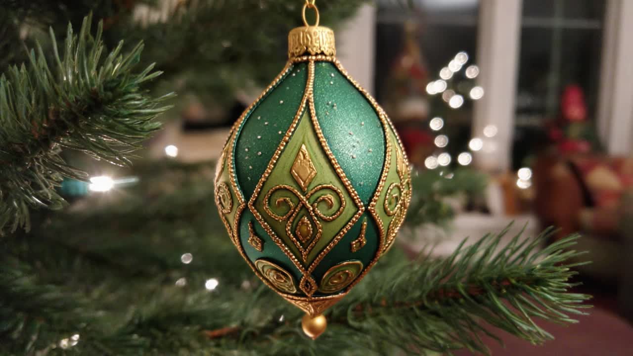 A Beautifully Crafted Green Christmas Ornament with Intricate Gold Designs Hanging From a Christmas Tree, Perfect for Holiday Decor and Festive Celebrations