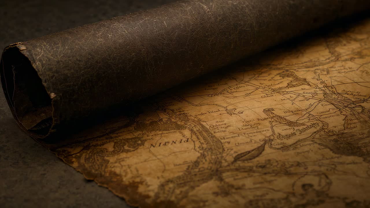 Shifting warm light revealing dark rolled parchment resting on antique map at study table