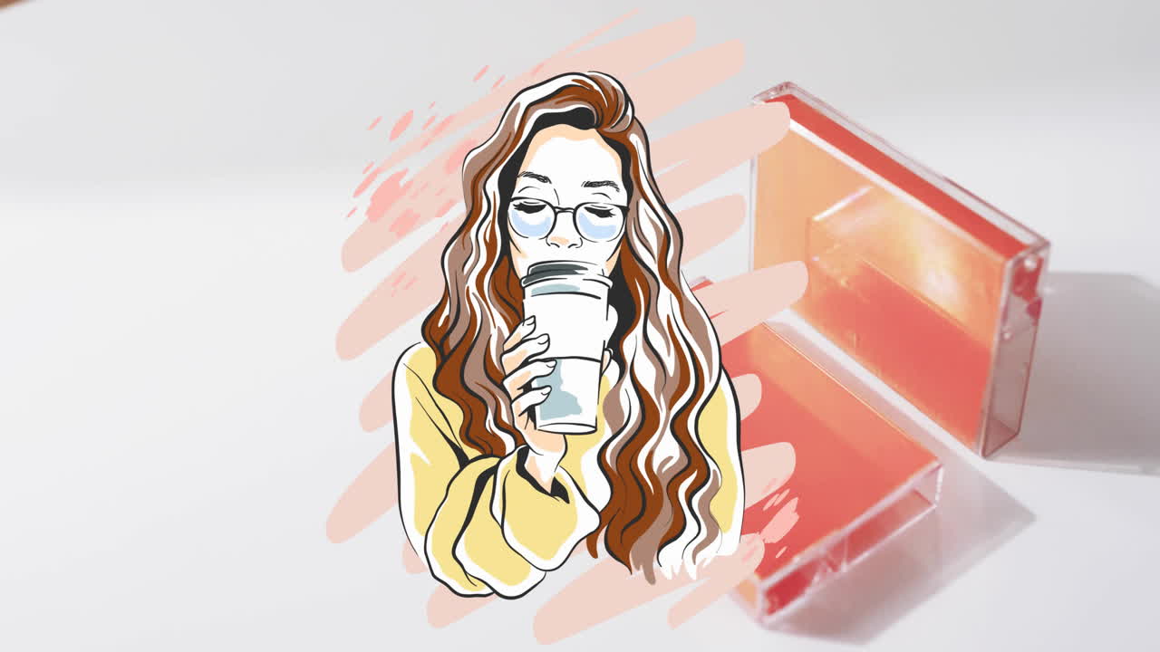 Animation of woman drinking coffee icon over orange boxes on white background