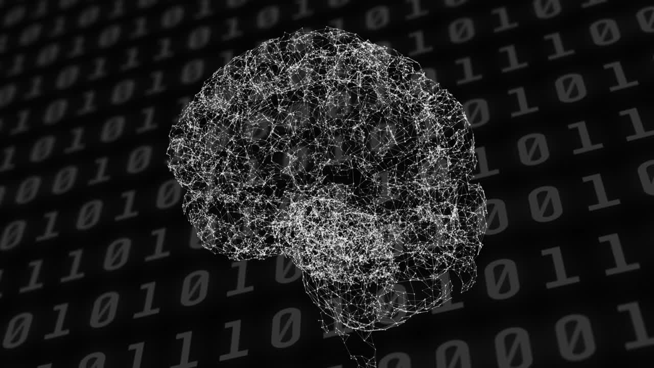 Spinning human brain against binary coding data processing on black background