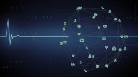 Animation-Des-Netzwerks-Mit-Symbolen-über-Dem-Globus