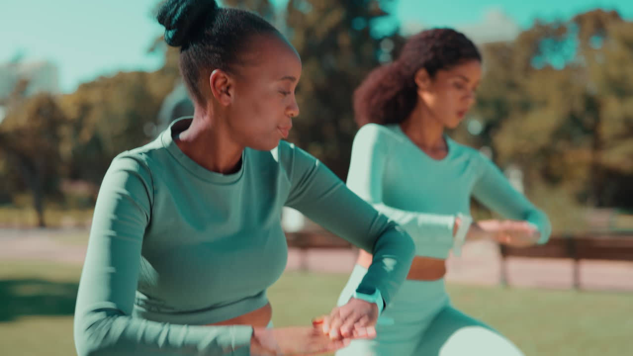 Women, friends and fitness in nature with energy