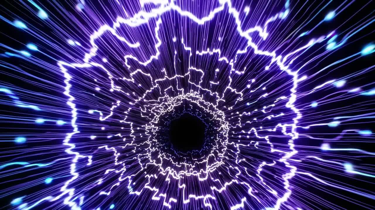 Dynamic visual sequence of swirling electric energy, showcasing vibrant blue and purple light trails converging towards a central dark vortex, illustrating motion and depth in a captivating abstract scene