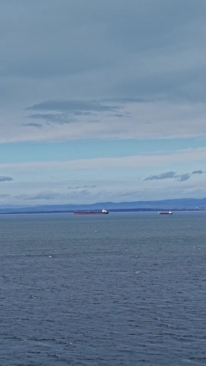 Adskillige containerskibe ligger for anker i en bugt med roligt vand.