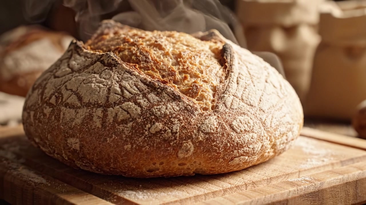 Freshly Baked Artisan Bread on a Wooden Board with Steam Rising, Highlighting the Perfect Crust and Texture, Captured in a Warm Kitchen Setting