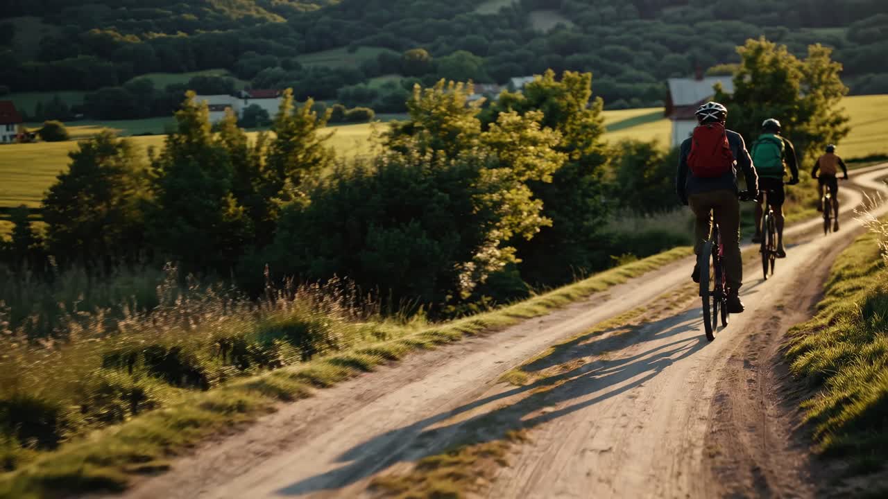 A cyclist rides along a dirt path in a scenic countryside, captured from a low-angle