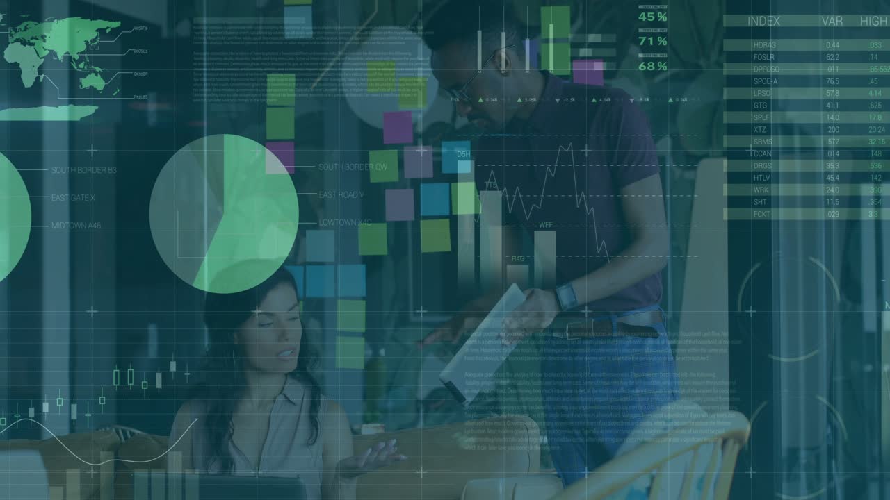 woman typing on laptop in office activating tech dashboards and analyzing with peer pointing tablet