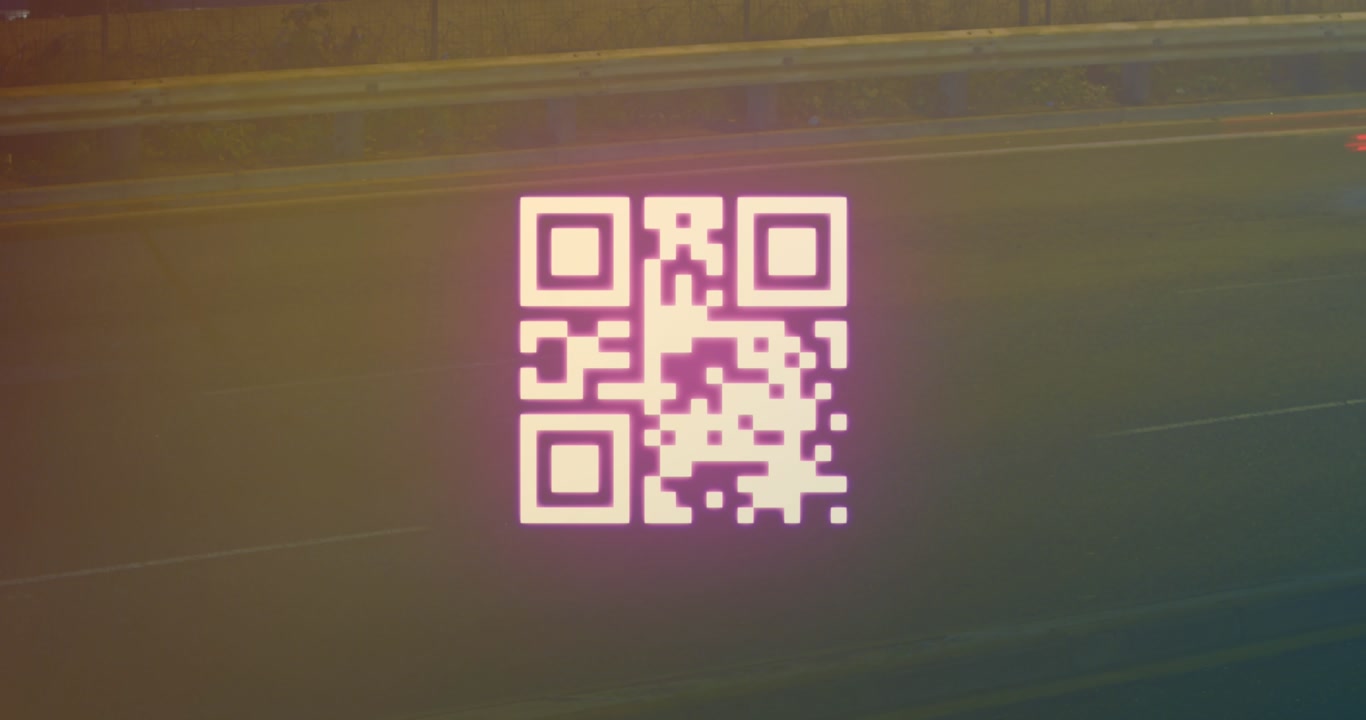 A digitally generated image of a qr code with neon elements flashing on a black background