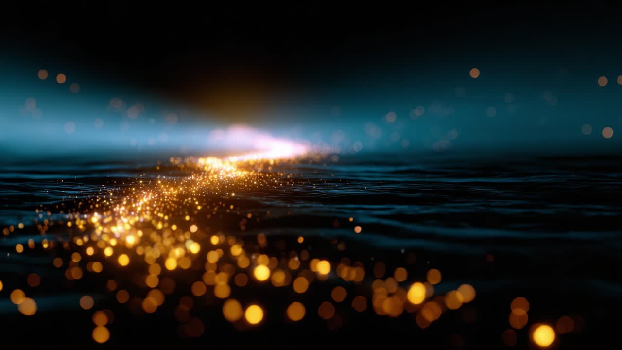 Un affascinante viaggio visivo attraverso un flusso scintillante di particelle dorate che luccicano su una superficie scura, catturando l'essenza della bellezza e dell'eleganza.