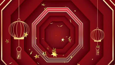 animación de decoraciones tradicionales chinas y estrellas en fondo rojo.