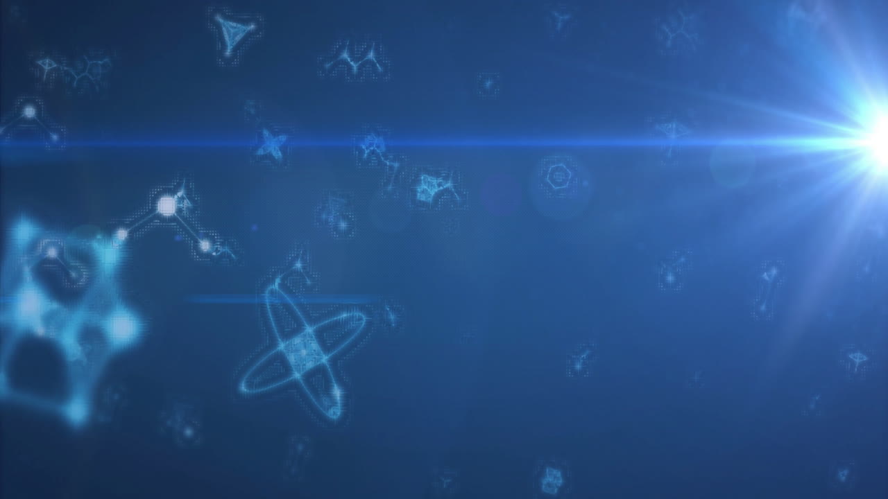 Glowing abstract shapes and light flare animation on blue background